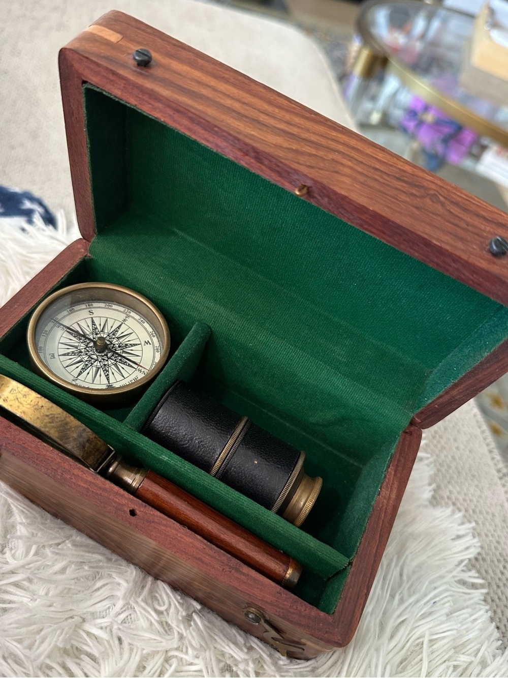 MARITIME NAVIGATIONAL SAILOR SET~ROSEWOOD BOX ANTIQUE BRASS COMPASS TELESCOPE ~